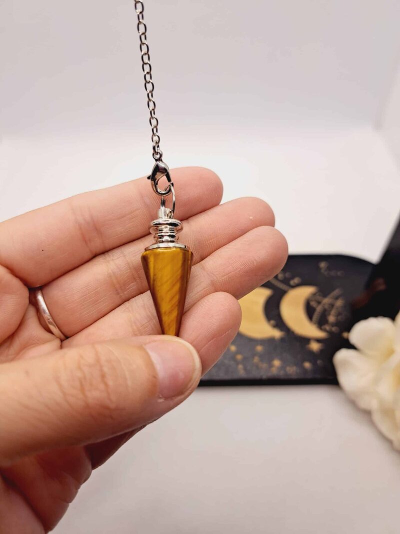 Pendule Œil de Tigre en pierre naturelle, chaîne acier inoxydable argenté – Image 3