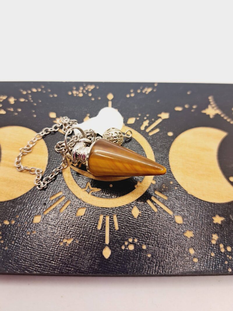 Pendule Œil de Tigre en pierre naturelle, chaîne acier inoxydable argenté – Image 2