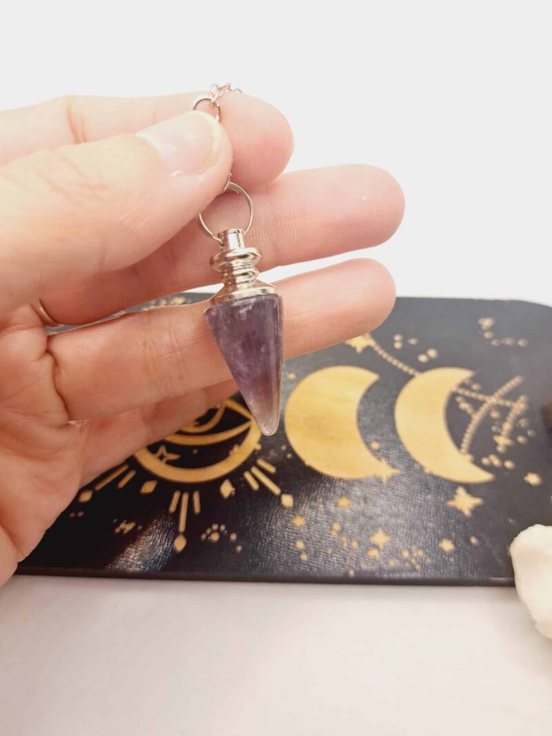 Pendule Améthyste en pierre naturelle, chaîne acier inoxydable argenté – Image 6