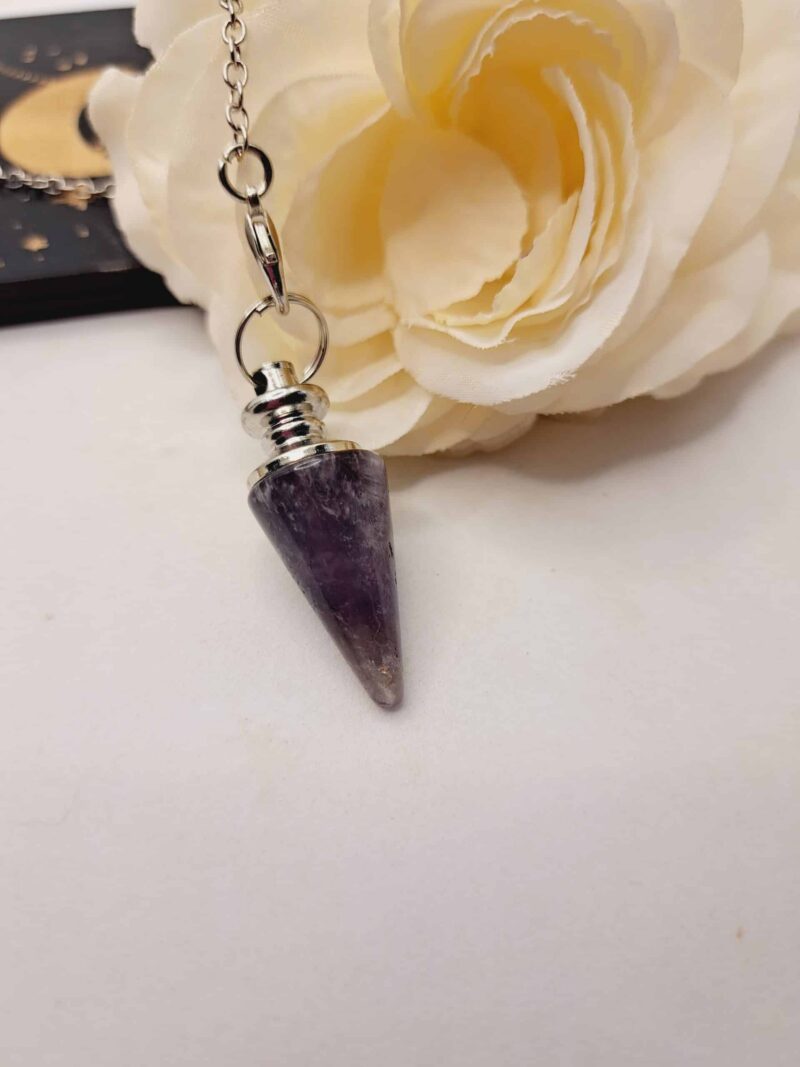 Pendule Améthyste en pierre naturelle, chaîne acier inoxydable argenté – Image 2