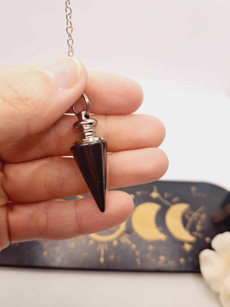 Pendule Obsidienne noir avec chaîne en acier inoxydable argenté – Image 2