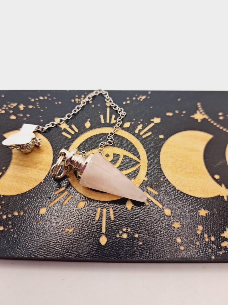 Pendule quartz rose en pierre naturelle avec chaîne en acier inoxydable argenté – Image 3